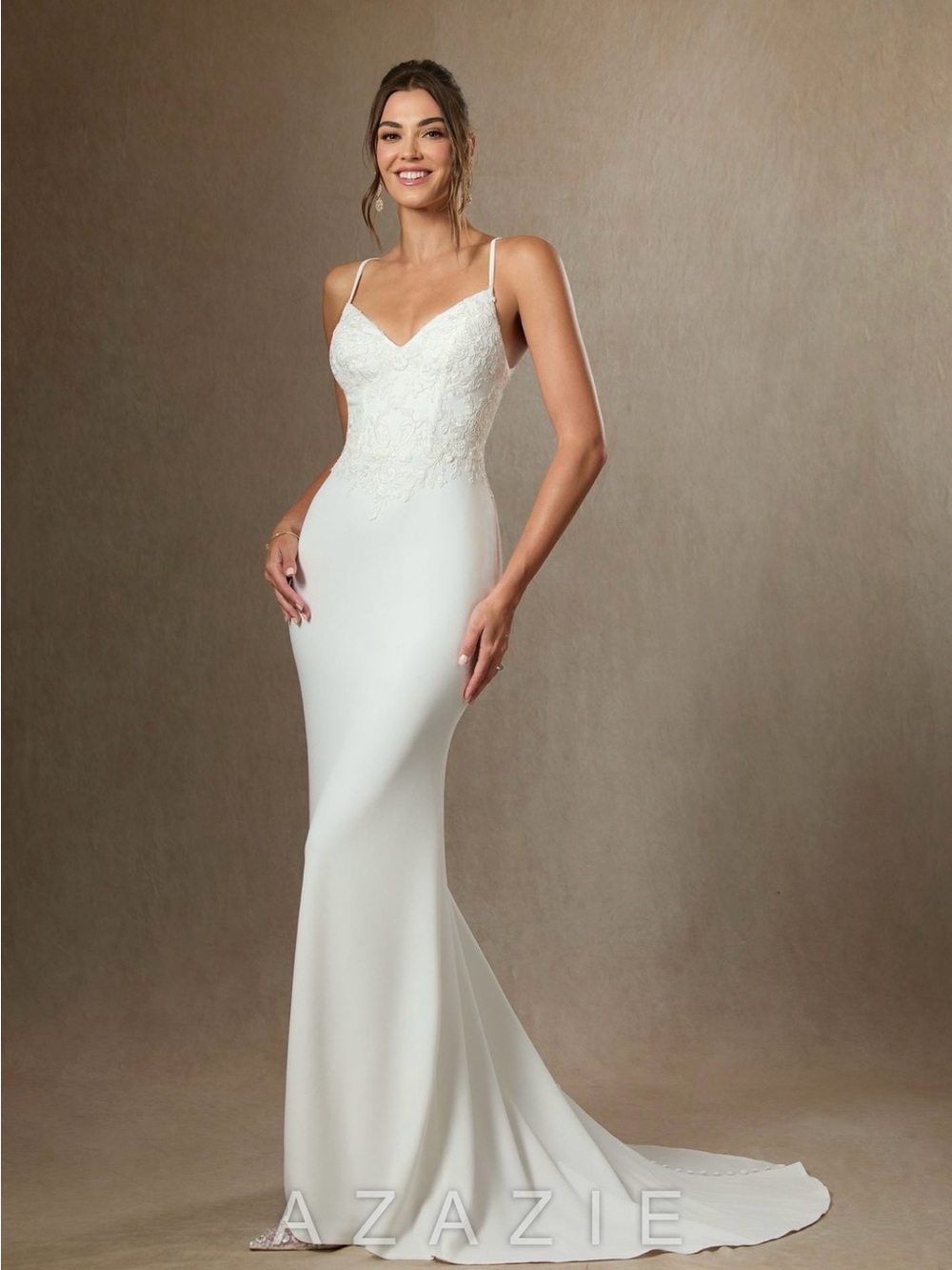 Azazie Kita Diamond White Lace Bodice Spaghetti Strap Mermaid Gown (stretch)